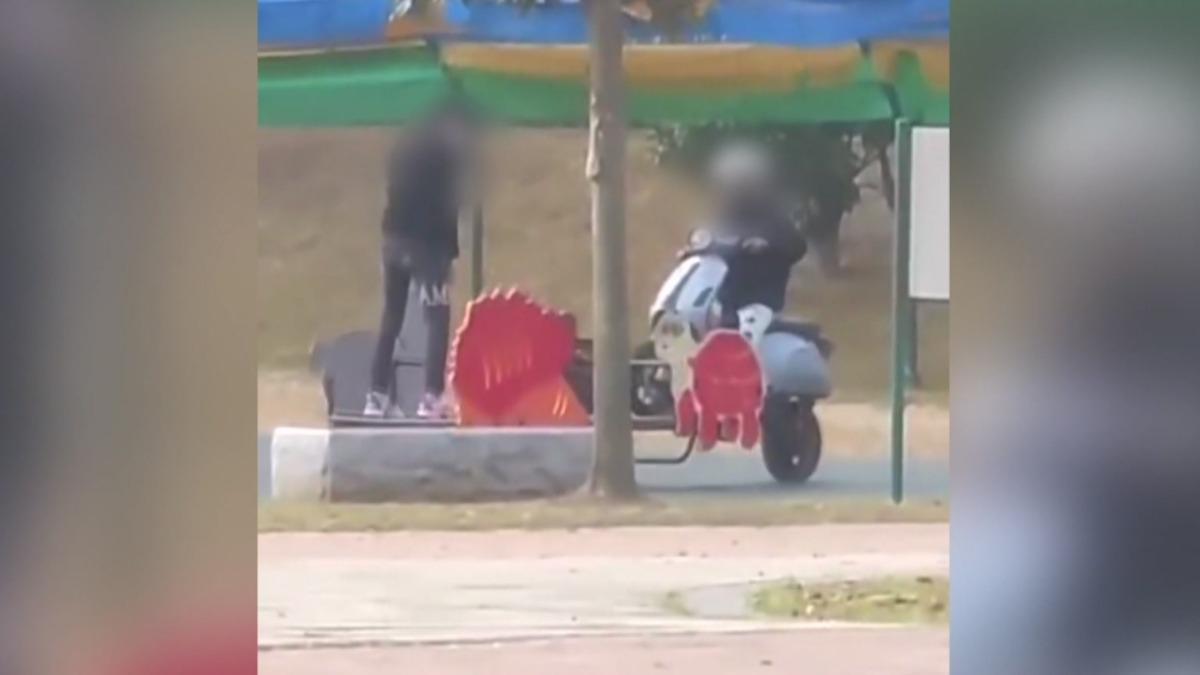 電動車騎進公園翹孤輪!還拿翹翹板當玩具 未成年騎士下場曝。(圖/FB 苗栗大小事)