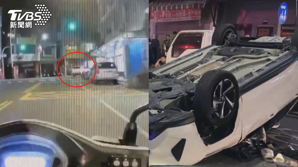 追逐約一分鐘後,白色轎車在過彎時突然冒出一陣白煙,隨即失控自撞分隔島翻覆。(圖/TVBS)