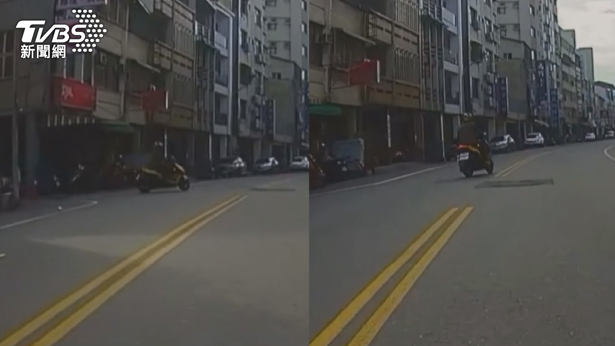 事發當時前方一輛機車未打方向燈便直接從巷口竄出,卻在下一秒直接跨越雙黃線行駛。(圖/翻攝Threads_s.c.woooooo)
