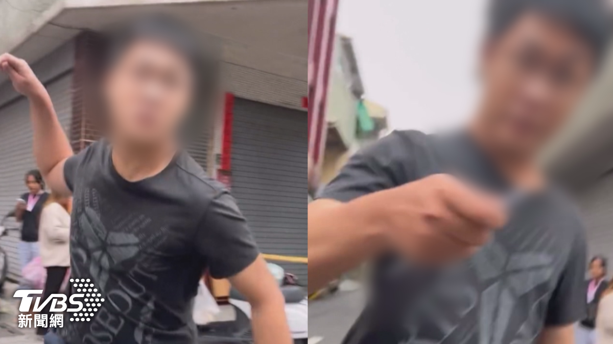 事發當天，雙方在馬路上發生激烈口角，男子情緒極度激動，隨即抄起地上物品作勢攻擊，現場一陣混亂。（圖／店家提供）