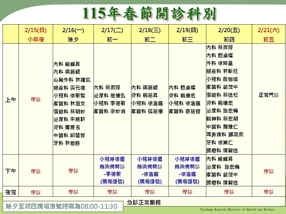 台中醫院2026春節營業時間。(圖/台中醫院提供)