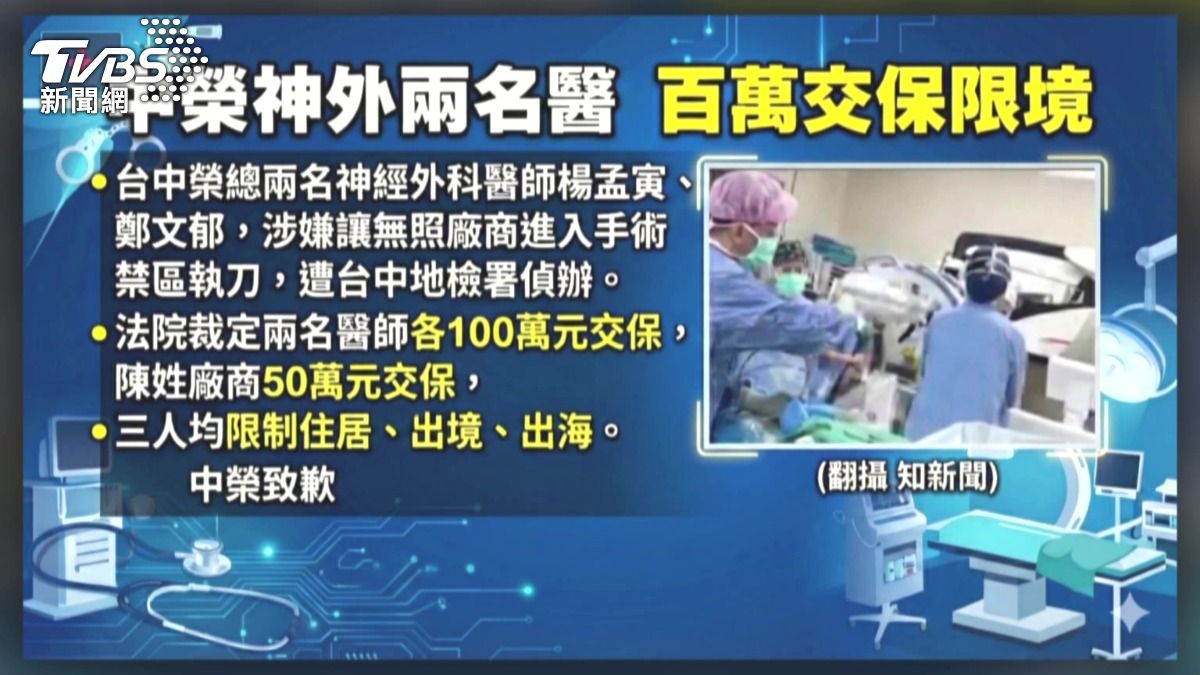 違反醫師法裁定楊姓、鄭姓兩名醫師各以100萬元交保，陳姓醫材廠商以50萬元交保。(圖／TVBS)