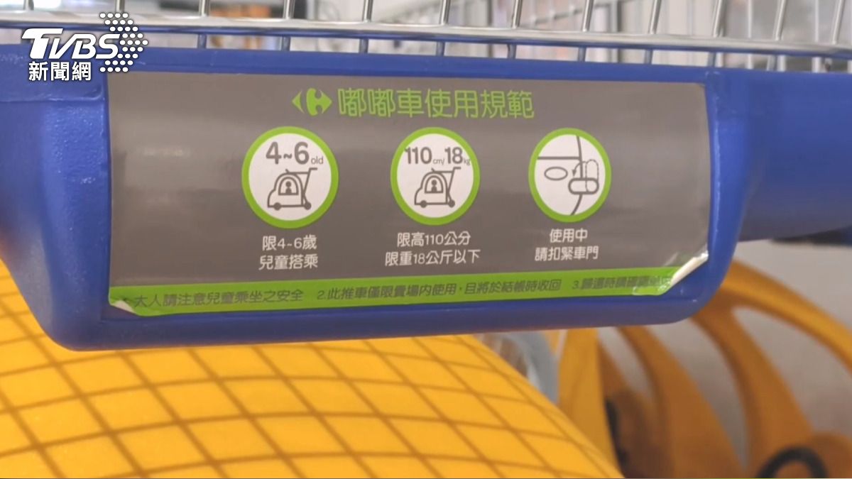 兩名男子拿來當重機使用的嘟嘟車,該款推車限定4至6歲兒童搭乘。(圖/TVBS)