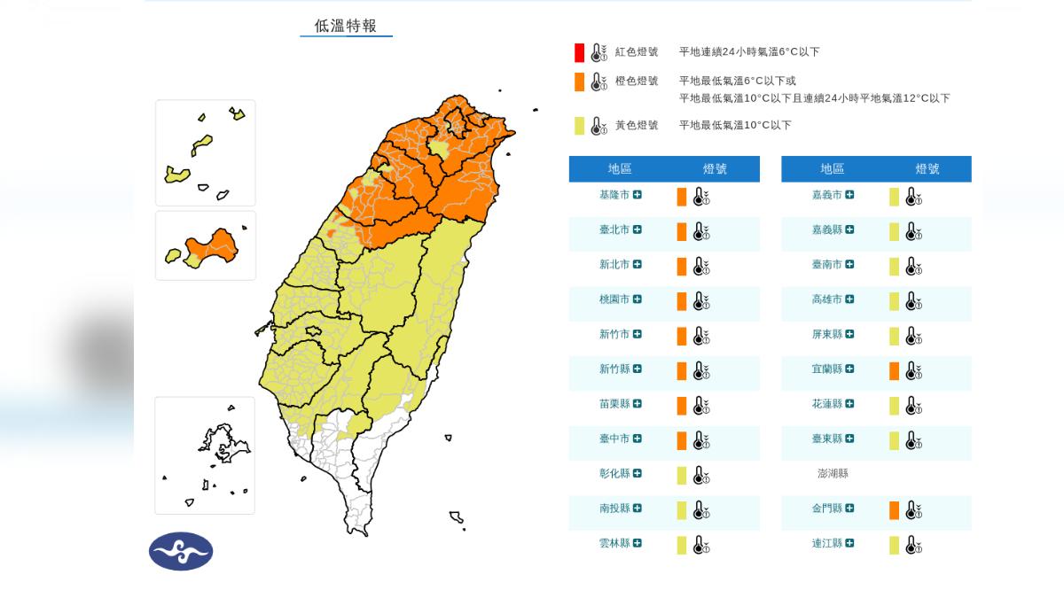 氣象署低溫特報。(圖/翻攝自氣象署)