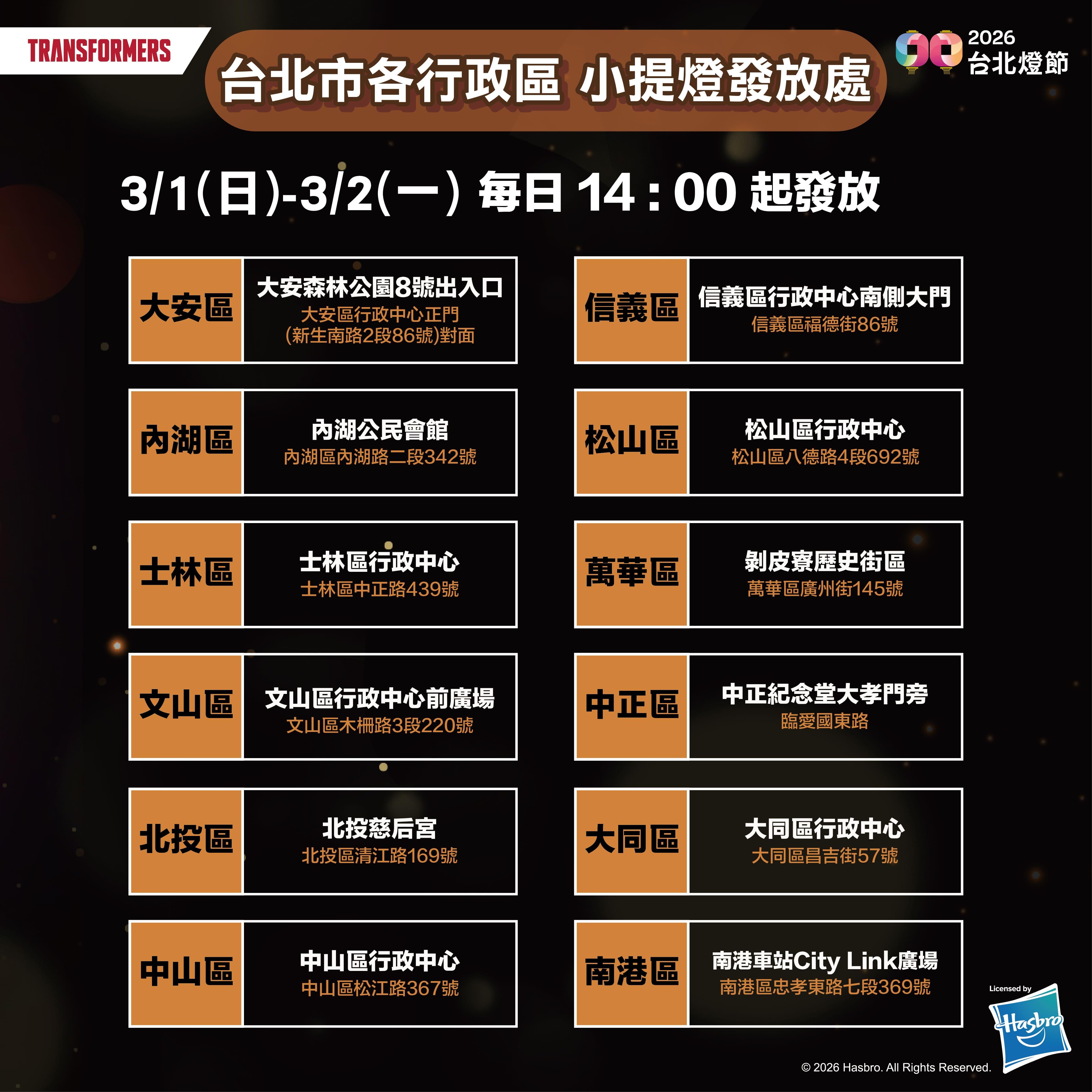 台北市各行政區小提燈發放地點。(圖/觀傳局提供)