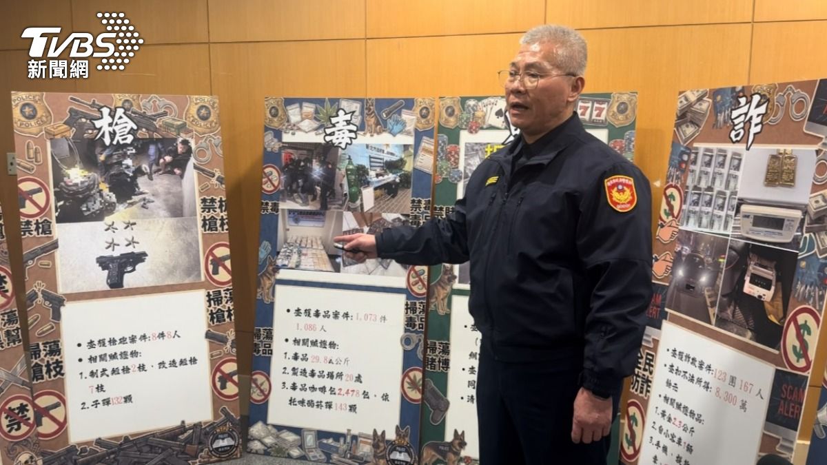 警察局局長方仰寧講解警察局115年（1月1日迄2月8日）「安心五大面向」「黑、槍、毒、賭、詐」淨化治安成果數據。（圖／TVBS）