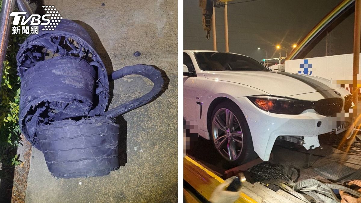 半聯結車爆胎!國1「胎皮炸飛」15車撞 新買BMW慘況曝
