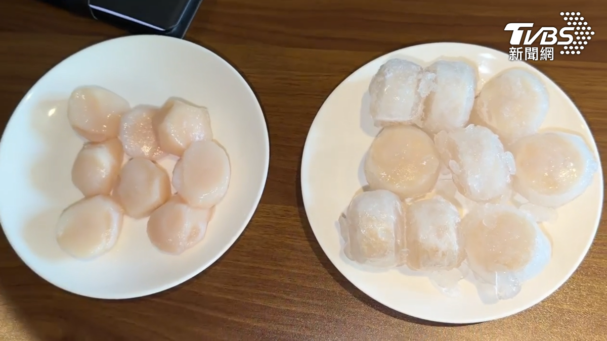 真干貝跟組合貝放在一起就能清楚辨識，左邊是真干貝外型都不太一樣，右邊組合貝每個都又大形狀又飽滿（圖／TVBS）