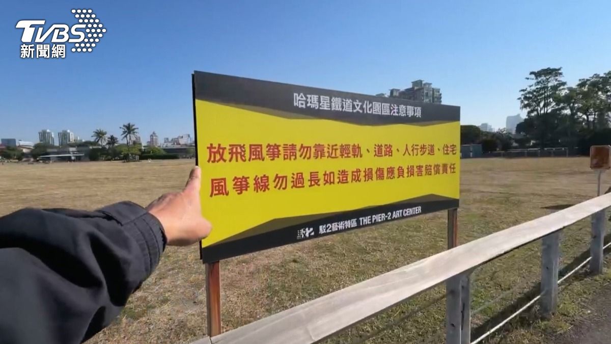 駁二放風箏傷人,騎士直接被風箏線纏住,甚至被線拉扯到對向車道,造成下巴、脖子、手部受傷。(圖/TVBS)