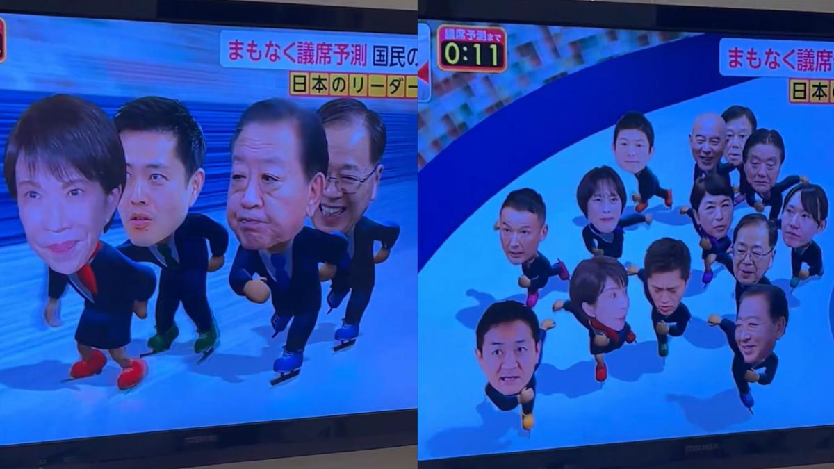 有網友拍下，日本富士電視台採用逗趣的開票動畫。（圖片翻攝自：X @90ria1820）