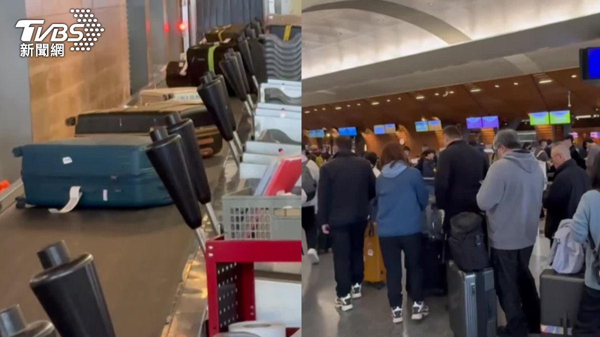 桃園機場湧出國人潮,行李箱塞輸送帶。(圖/TVBS)