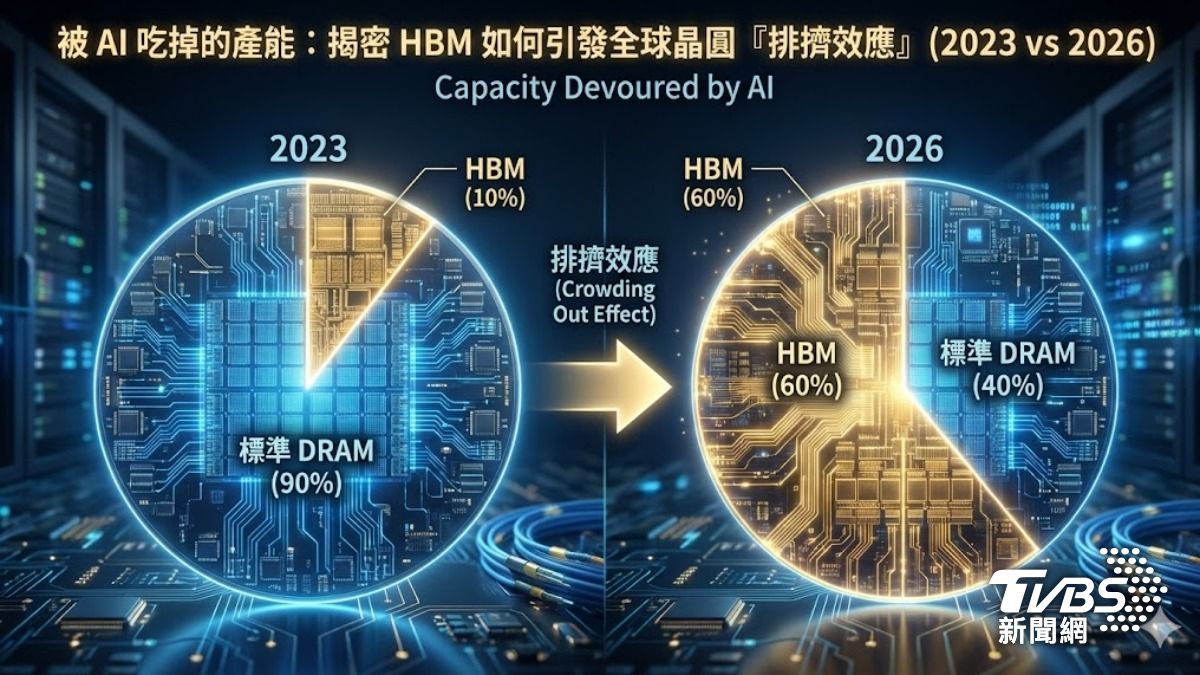 左圖顯示 2023 年產能充裕；右圖顯示 2026 年 HBM（金色區域）大幅擴張，導致留給 PC 與網通的標準品產能（藍色區域）被壓縮至極限。（圖／TVBS）