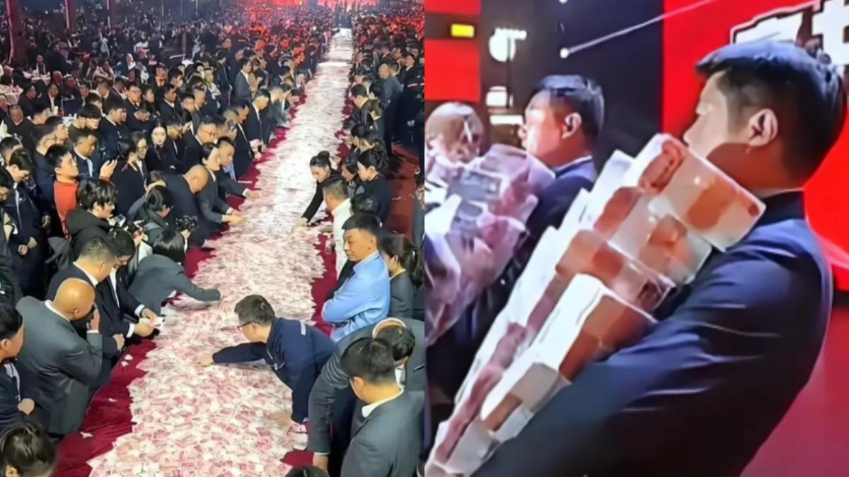 現金鋪滿桌「年終任員工撈」!河南老闆豪發8.2億 15分鐘帶走45萬