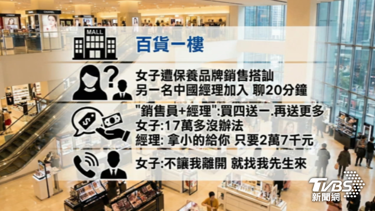 百貨櫃員遭控閒聊開場誘刷17萬，女表示自己差點走不掉。（圖／TVBS）