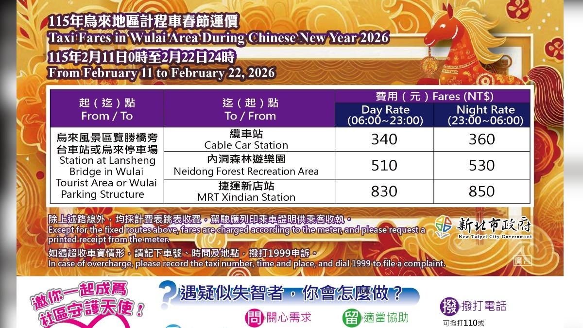新北市烏來地區春節計程車收費。(圖/新北市政府交通局)
