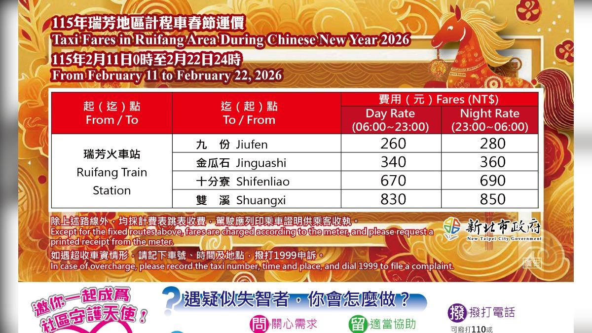 新北市瑞芳地區春節計程車收費。(圖/新北市政府交通局)