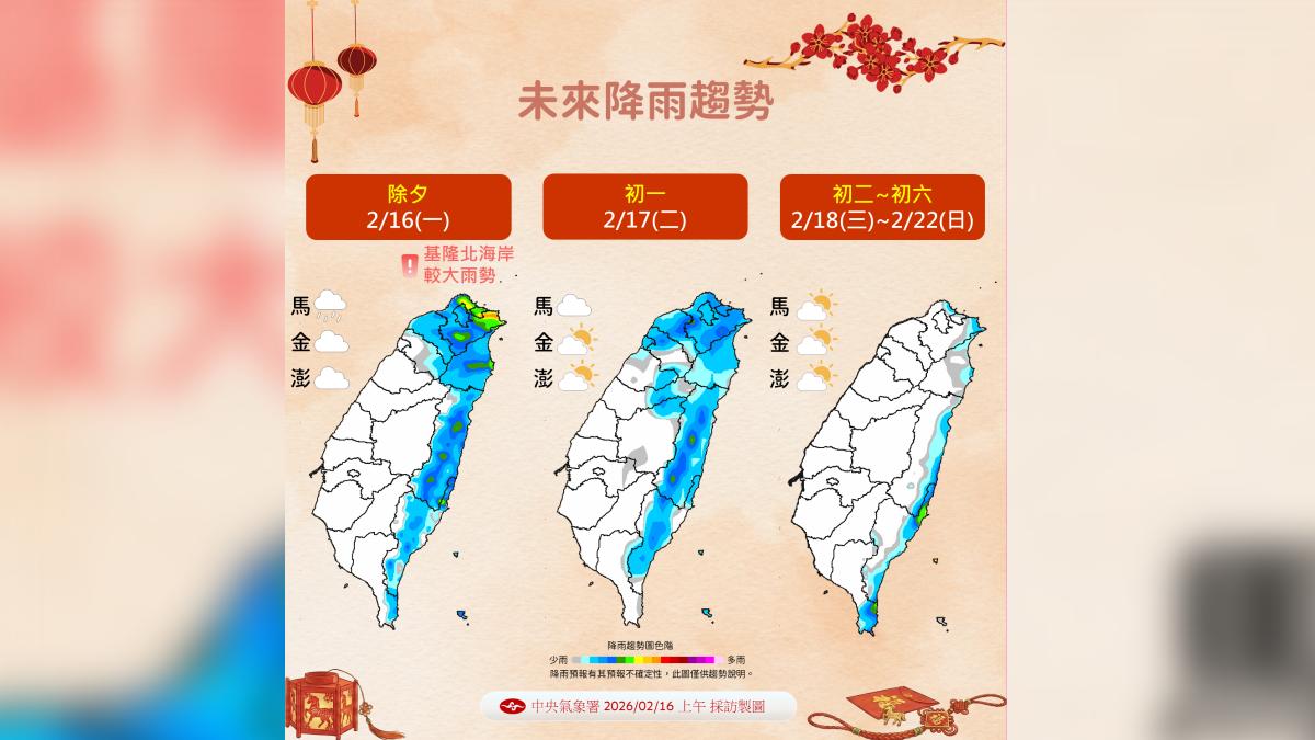 氣象署提醒，除夕到初一，迎風面的北部、東北部降雨機率會增加。（圖／氣象署提供）
