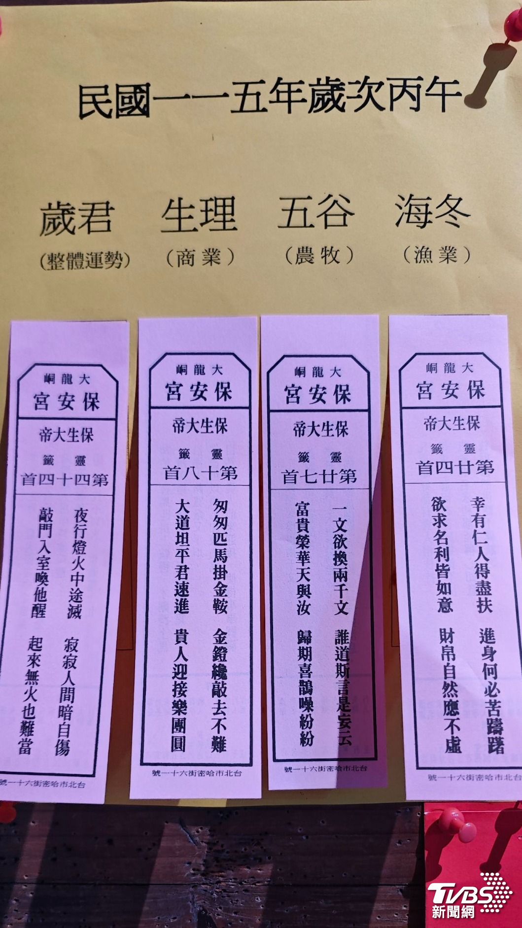 大龍峒保安宮向主祀神明保生大帝擲筊抽出「歲君、生理、五谷、海冬」四支靈籤。(圖/TVBS)
