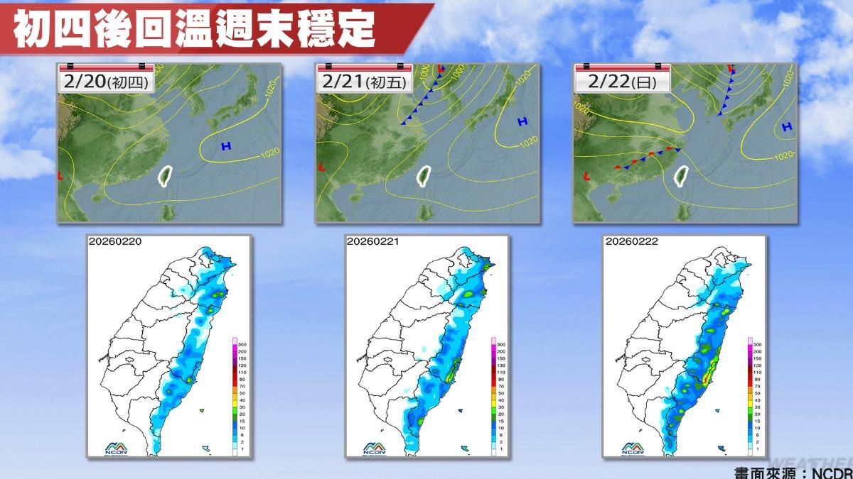 未來西半部轉乾，東北部及花東地區仍有降雨可能。（圖／氣象署）