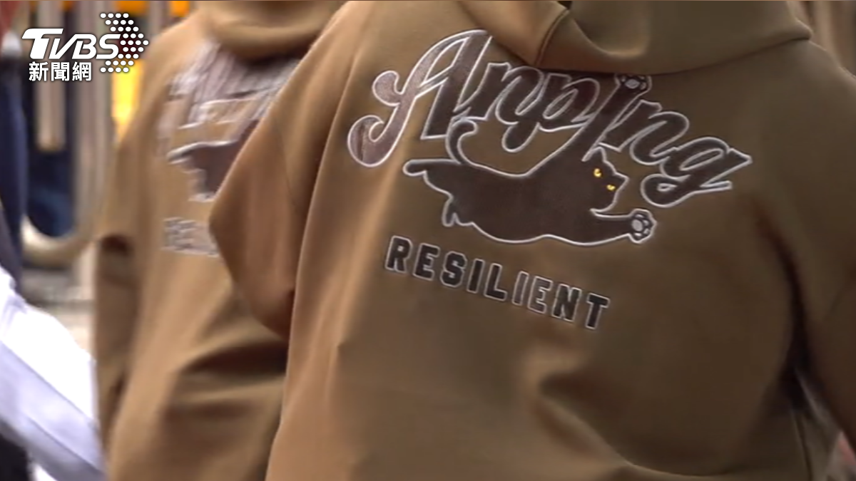 副總統蕭美琴的特勤人員身穿墨綠色帽T,背面印有警衛室代號「Anping」與戰貓圖案。(圖/TVBS)