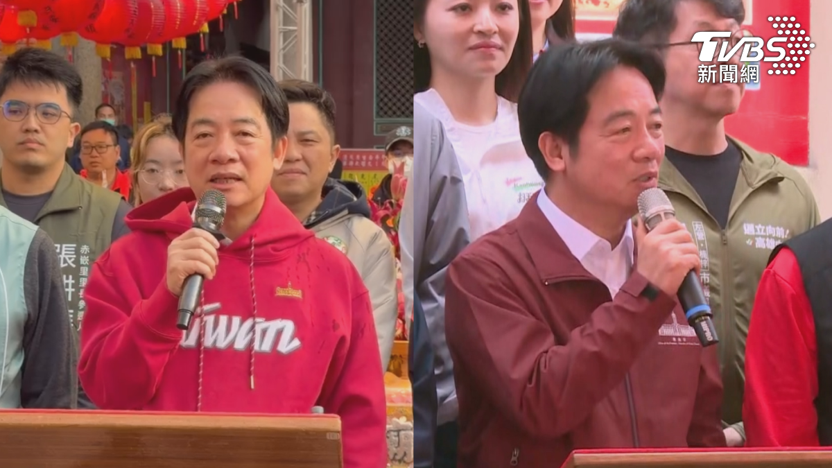 早上在台南還是帽T,上午11點多到了高雄岡山壽天宮時,總統換裝了,穿著白襯衫套上咖啡色外套(圖/TVBS)