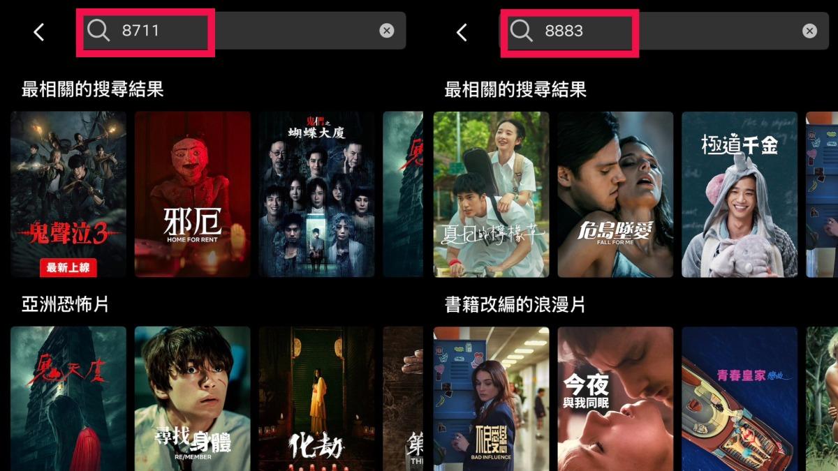 如果是使用手機或平板的Netflix App，代碼可直接輸入在搜尋欄位。（圖／翻攝自Netflix）