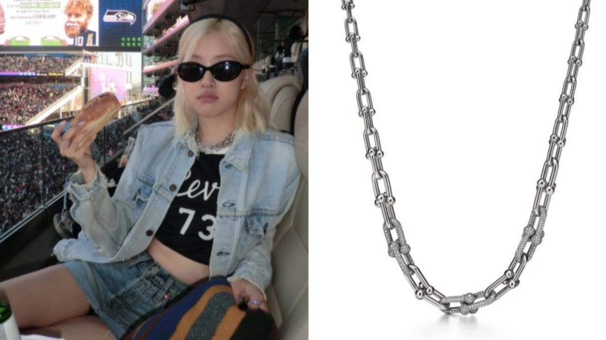Rosé疊戴兩件Tiffany HardWear 白K金鑲鑽項鍊。（圖／翻攝自roses_are_rosie ig、Tiffany & Co）