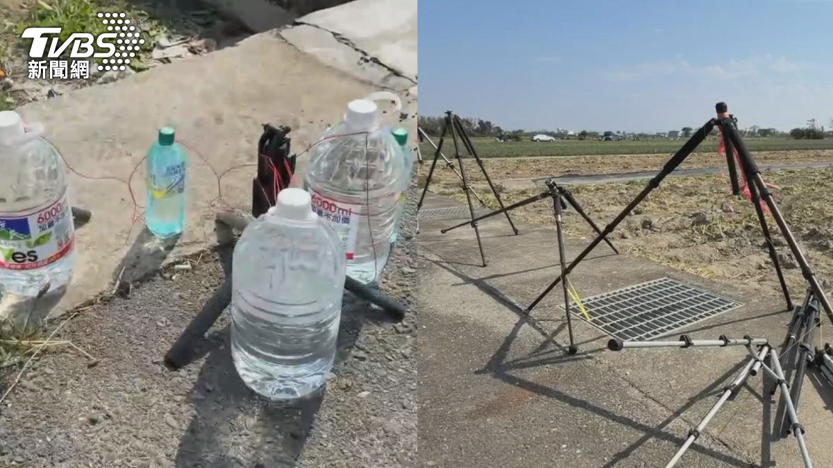 除了用水瓶卡位,現場還有收納用的椅凳及各種大小腳架紛紛出動。(圖/TVBS)