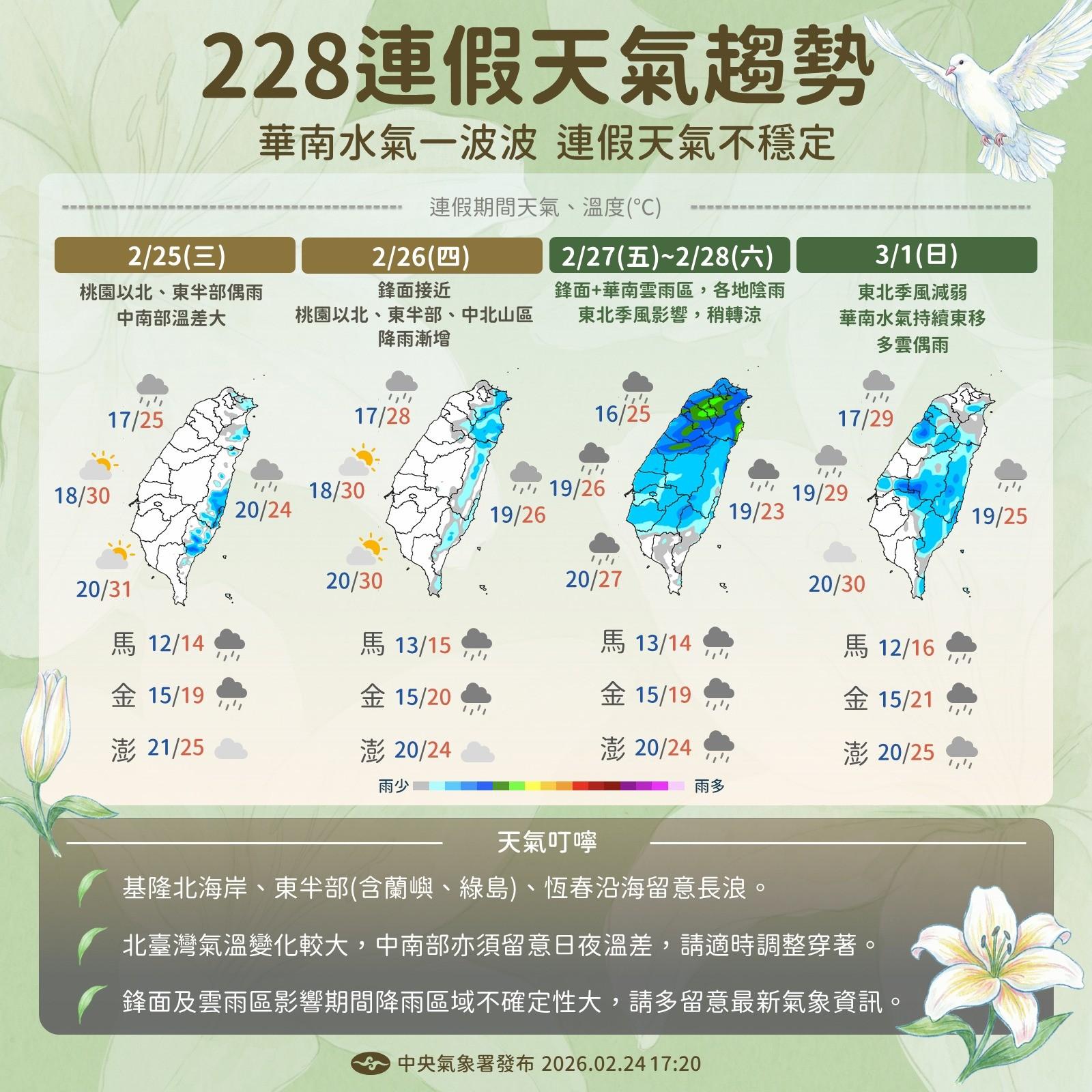 228連假天氣趨勢，週四（26日）迎來短暫空檔。（圖／氣象署）