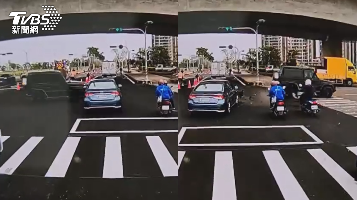 當時綠燈亮起,小客車正要前進,左側卻突然衝出一輛黑色越野車,兩車發生擦撞。(圖/翻攝記者爆料網)