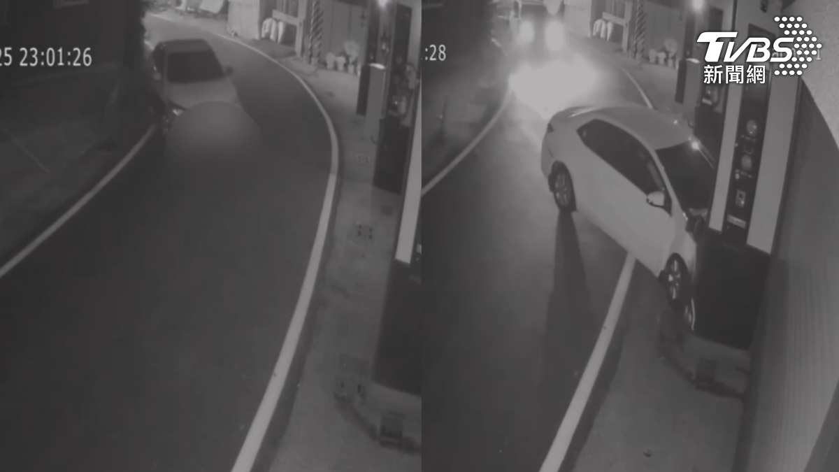 吳姓男子整輛車打滑撞上民宅,警車看到後頂了上去,防止再讓車上的人有溜之大吉的機會(圖/TVBS)