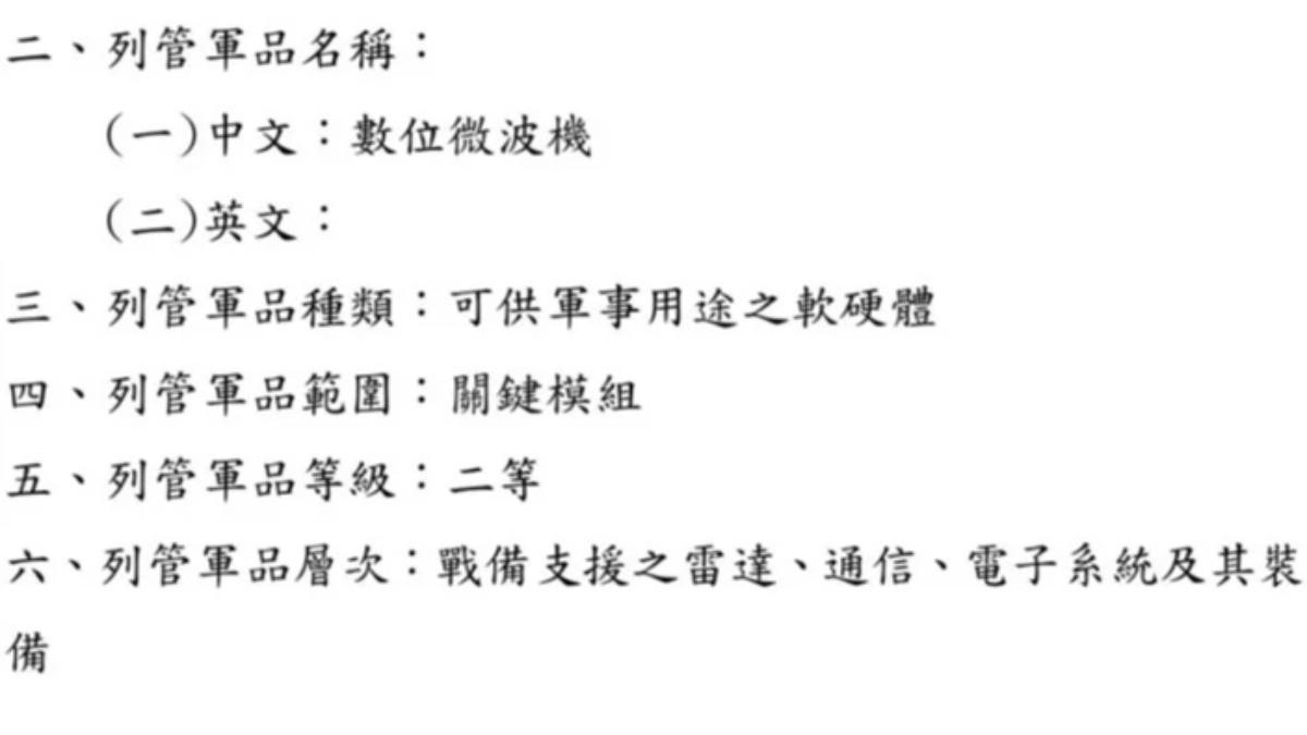 國防部公告新一波列管軍品清單,顯示將自民國116年起兩年內將採購142套數位微波機,用於銳指系統研製優化。(圖/國防部)