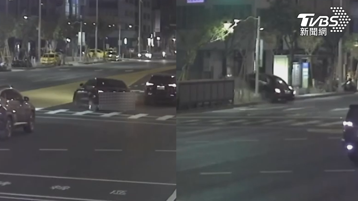 黑色進口轎車直行打著右轉燈,但下一秒卻突然緊急左轉彎,直直衝進一旁停車場,整部車飛了起來(圖/TVBS)