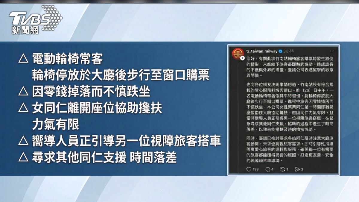 輪椅族跌坐竹南站購票處!熱心旅客合力攙扶,台鐵回應 (圖/TVBS)。