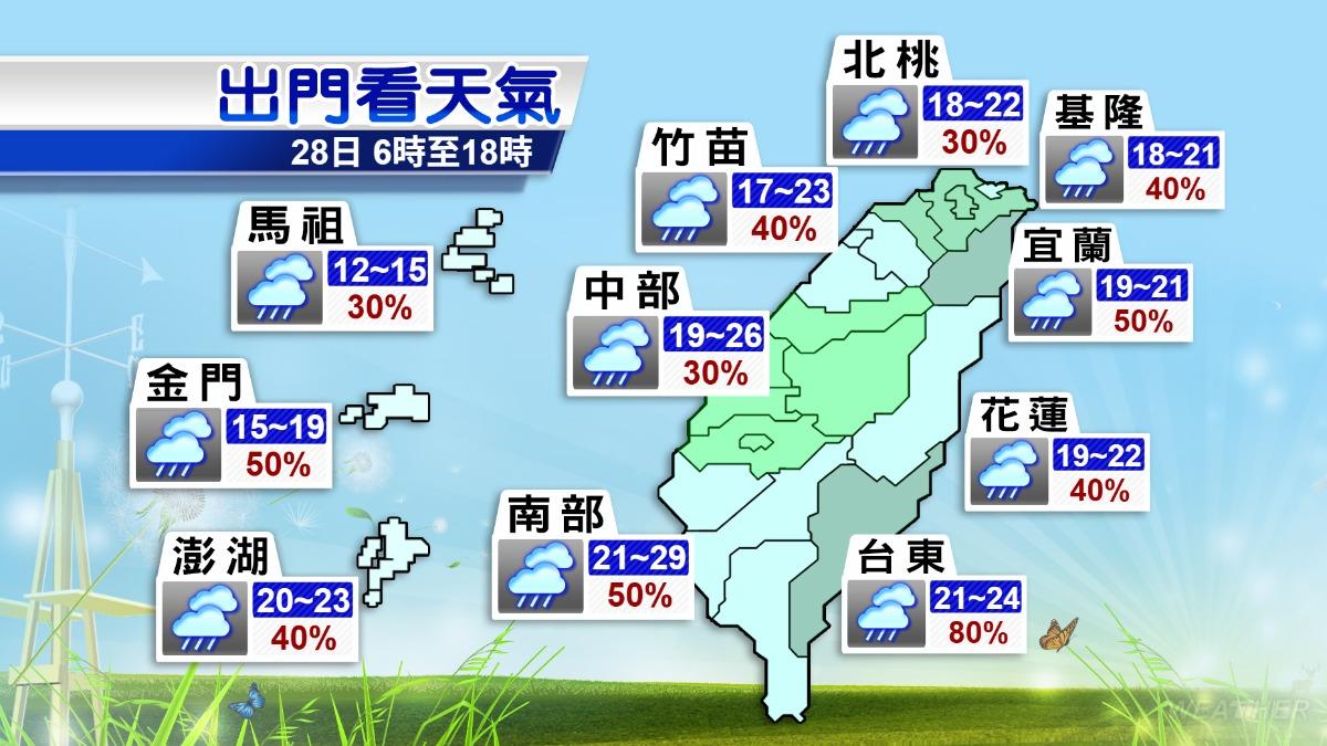 今各地有局部短暫雨的機率，東半部降雨較明顯。（圖／氣象署）