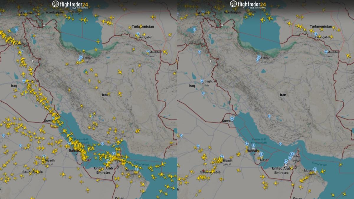對比今日與昨日，伊朗上空行經飛機的數量。（圖／翻攝自X@flightradar24）