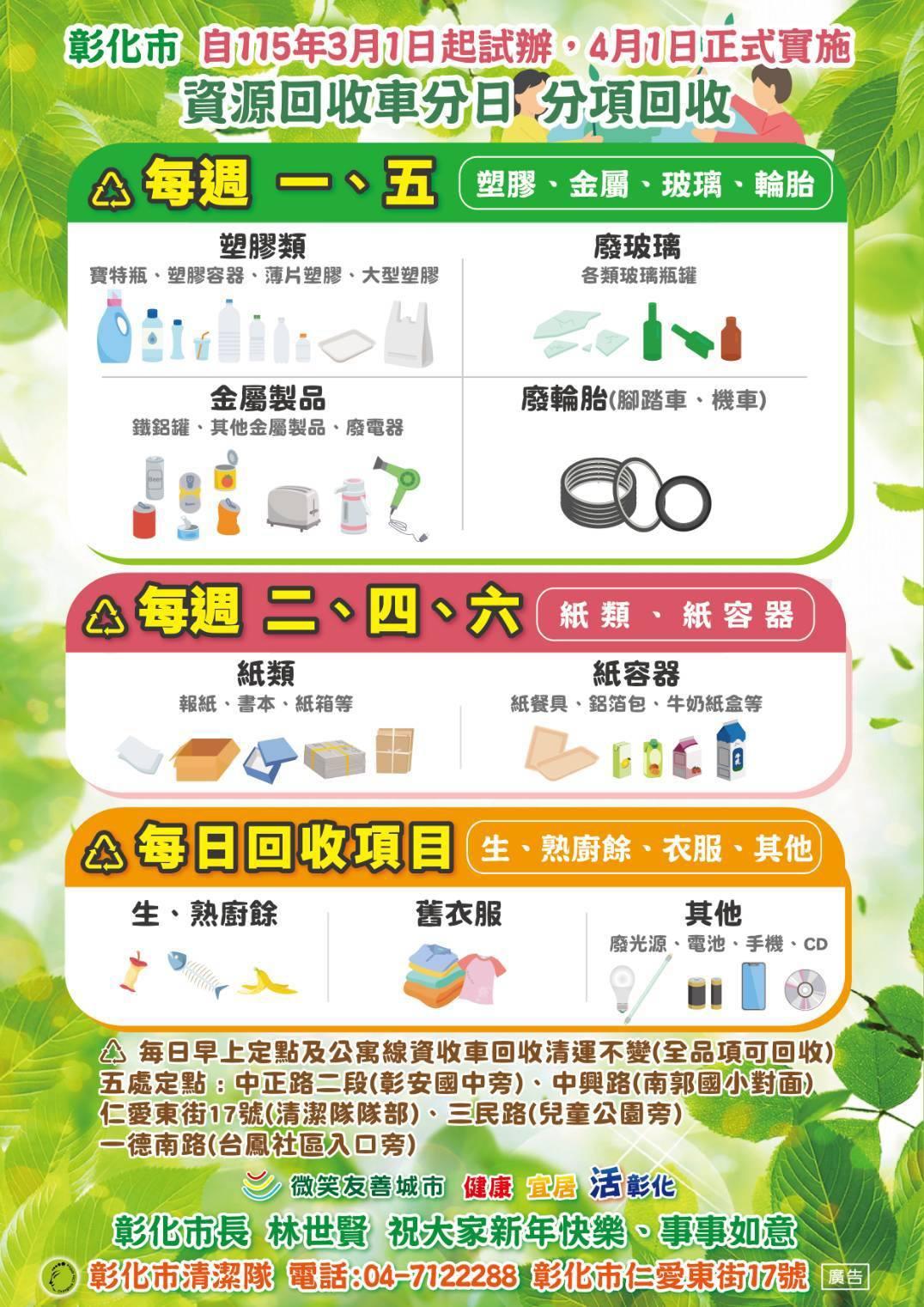 彰化市資源回收分類新制。(圖/彰化縣彰化市清潔隊提供)