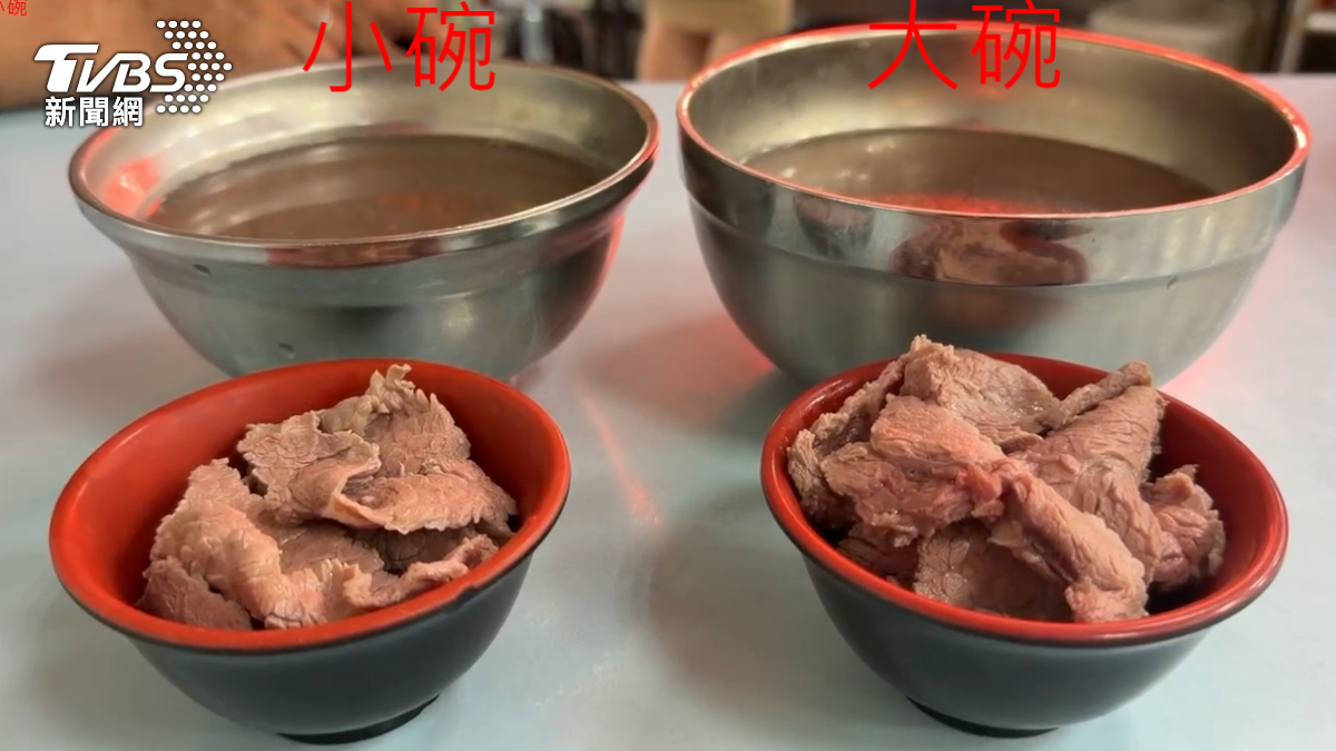 記者再到其他間店實測,左側是小碗售價140元,右邊則是中碗賣210元,把肉全部裝進小碗後擺在一起比一比,兩碗肉量確實有差的(圖/TVBS)