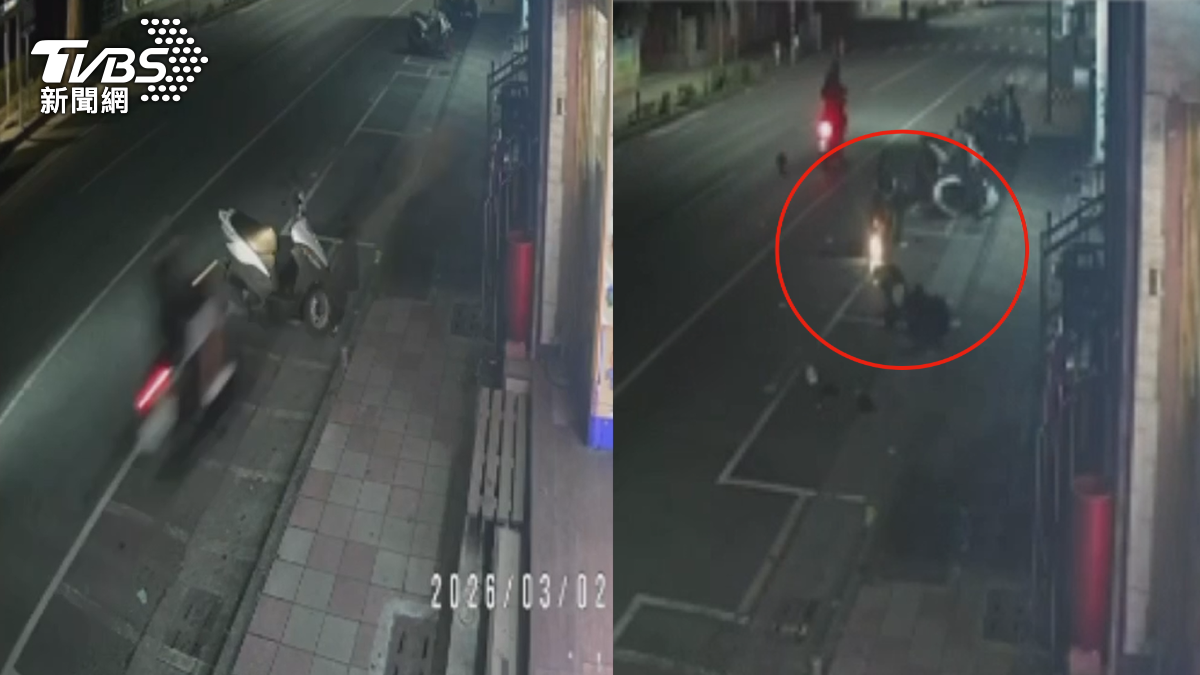 王姓男子騎著機車直接衝撞路邊機車，結果機車翻了兩圈，坐墊噴飛，機車倒立在路中央（圖／TVBS）