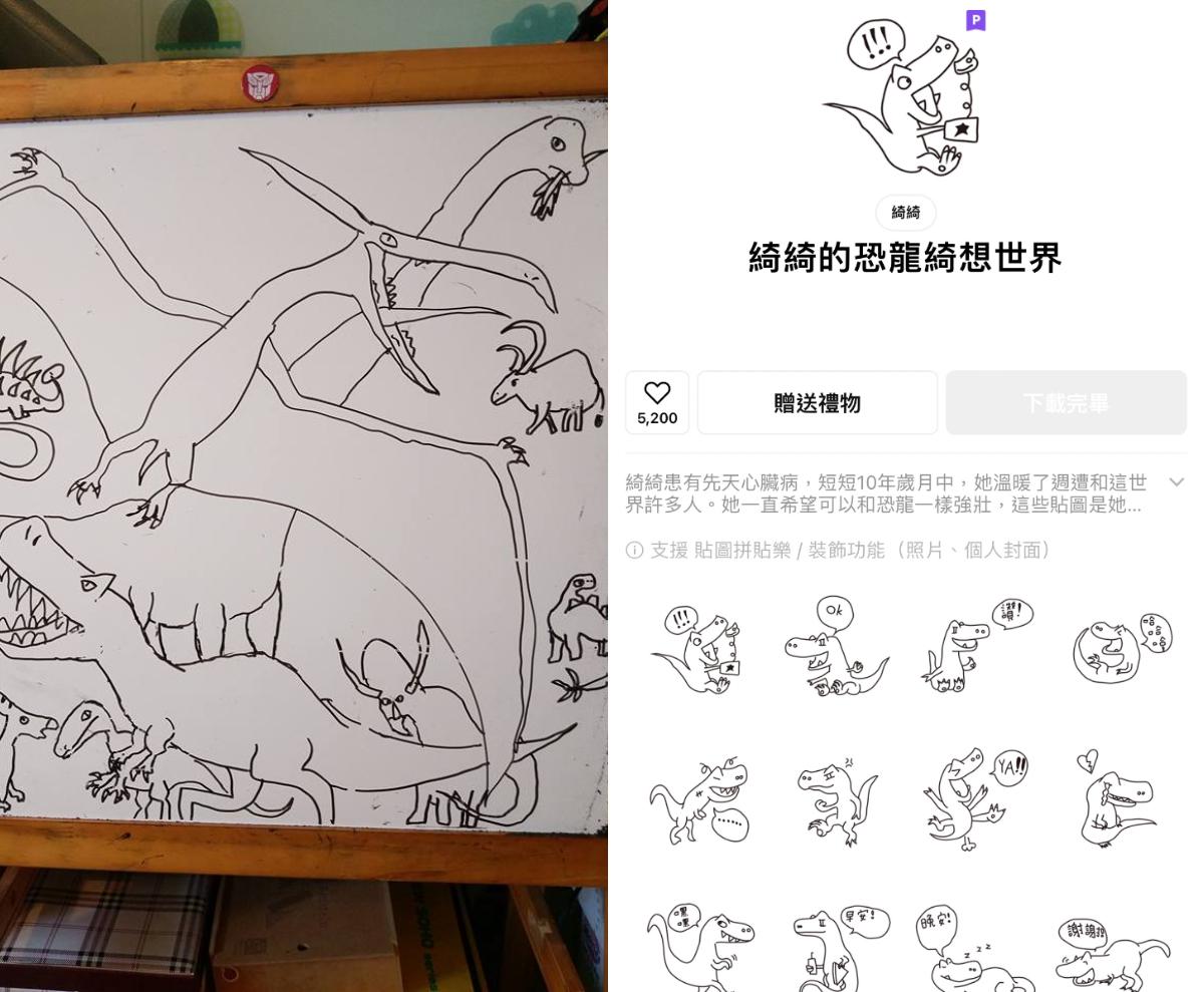綺綺熱愛恐龍,留下許多恐龍畫作。(圖/翻攝自施景中臉書、LINE)