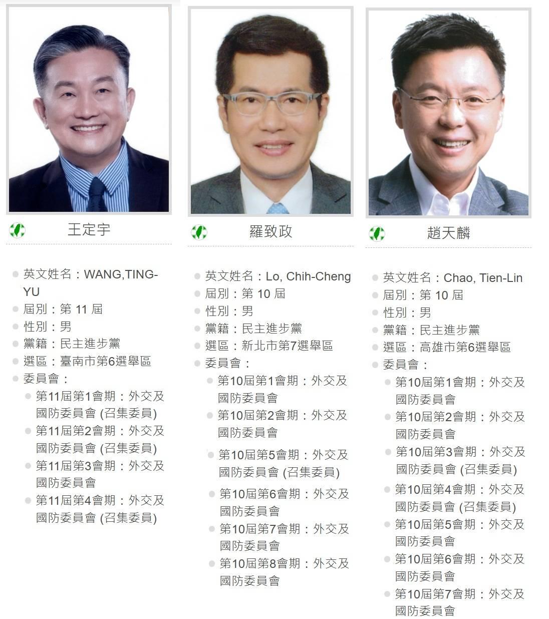 王定宇、趙天麟、羅致政近幾年陷桃色醜聞，網發現三人皆任職國防委員。（圖／翻攝自PTT）