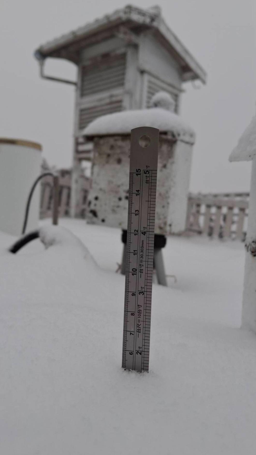 玉山降雪，積雪深度５公分。（圖／玉山氣象站）