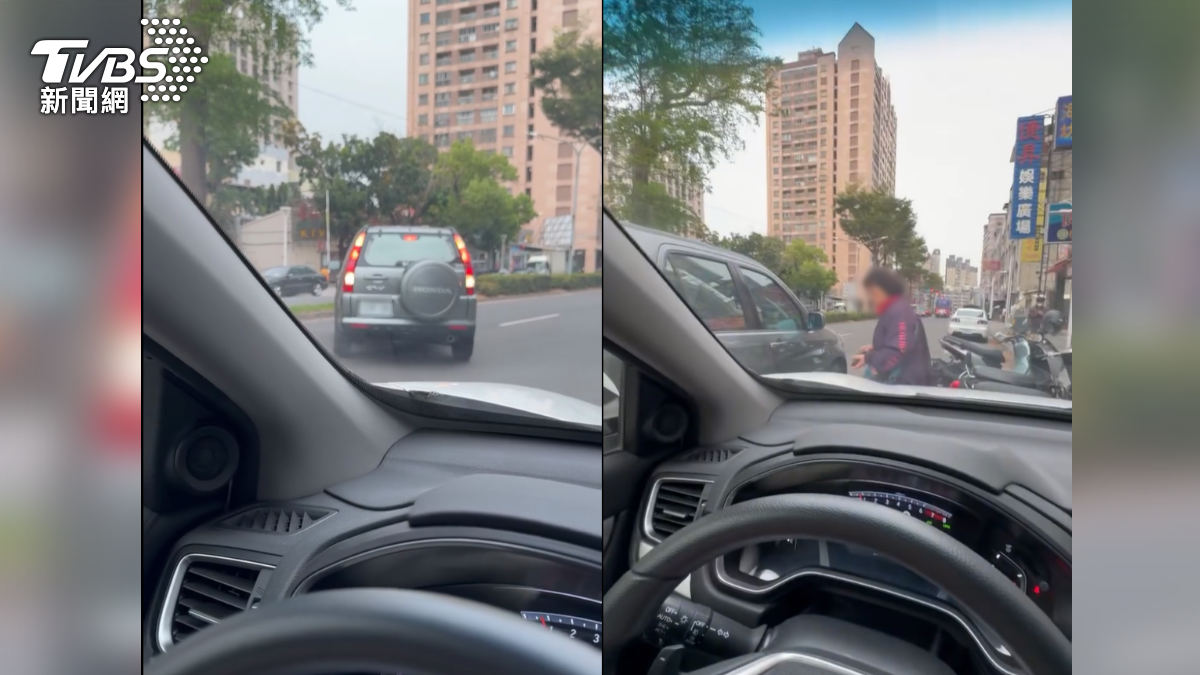 高雄鳳山出現誇張違規,一輛自小客車停在內線車道打雙黃燈,直接橫越車道,原來副駕駛的阿嬤下車後去超商(圖/翻攝 threads@andy2193)