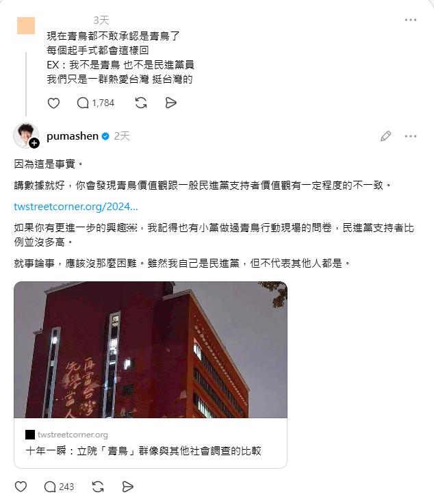 沈伯洋回覆網友「青鳥價值觀跟民進黨支持者不同」被質疑是切割青鳥。(圖/翻攝自Threads)