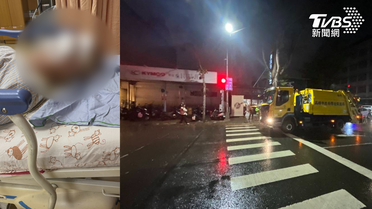 車禍發生高雄楠梓的創新跟芎林五街附近,垃圾車在路上行走,當時除了天色昏暗,還飄著細雨,沒想到眼前一名男子走在路上,直到駕駛撞上,才發現闖下大禍。(圖/TVBS)