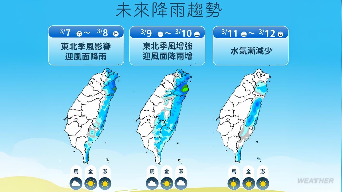未來降雨趨勢，東半部降雨劇烈。（圖／氣象署）