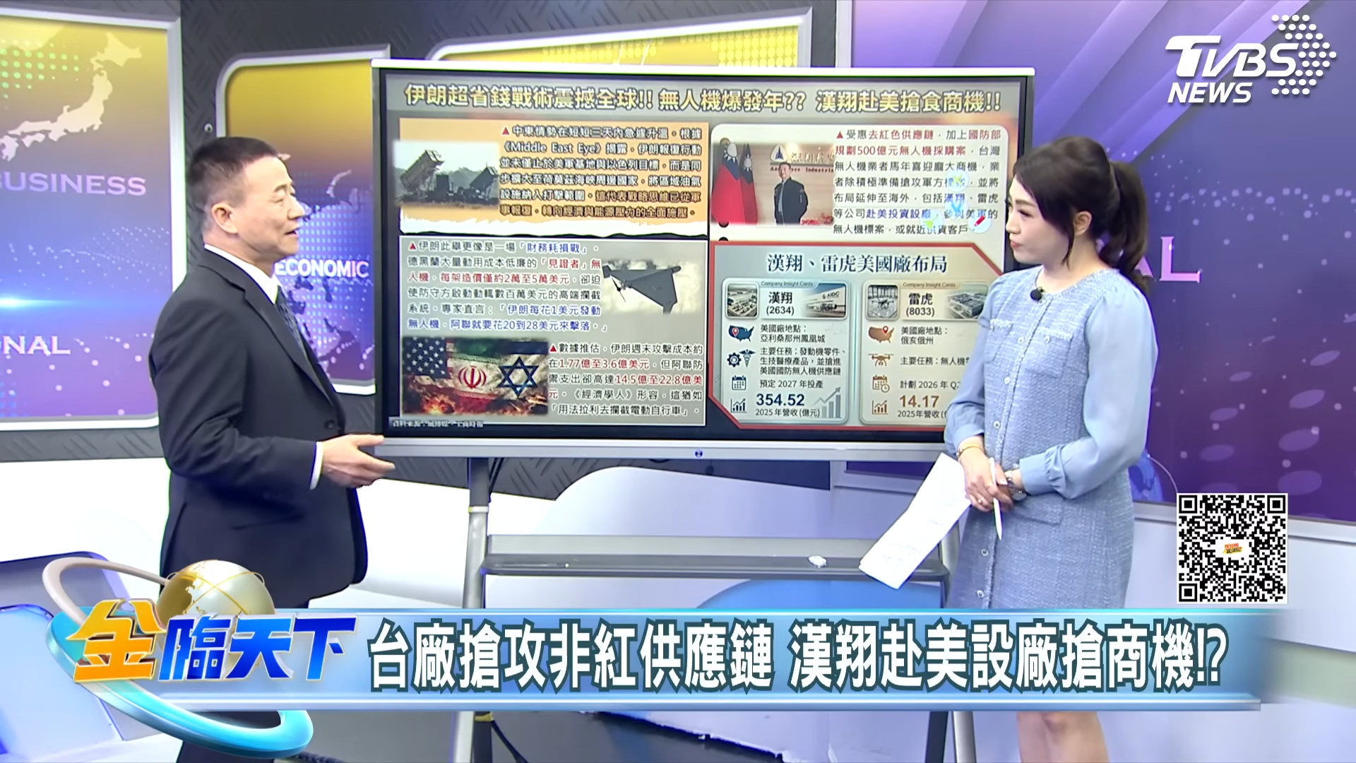 《金臨天下》主持人黃斐瑜鎖定不對稱戰略、供應鏈佈局及能源轉型等核心議題提問,帶領觀眾深入了解漢翔2026年的轉型藍圖與營運展望。(圖/TVBS)