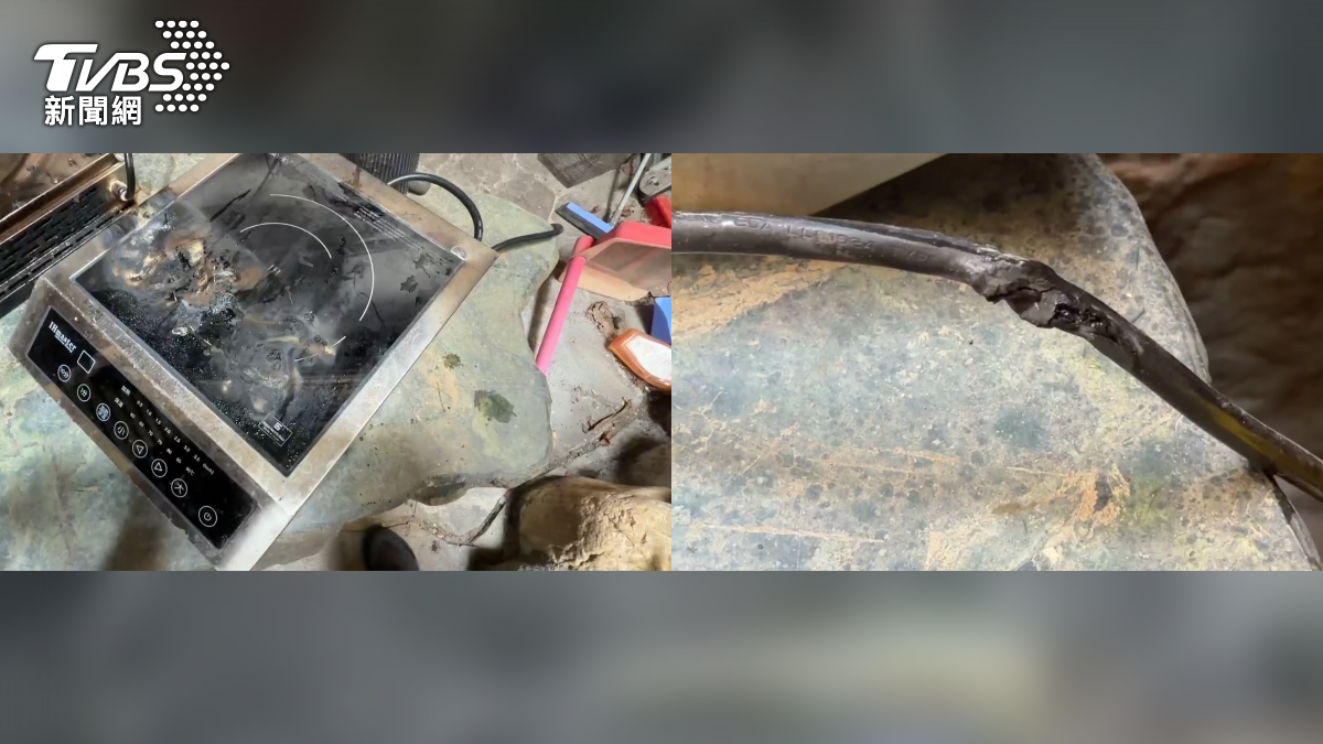 磁爐整個被燒壞,外觀焦黑還被燒融,仔細看,電線外露疑似起火主因,業者猜測電線是被老鼠給咬壞(圖/TVBS)
