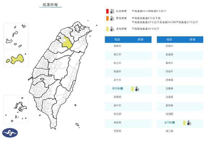 2縣市低溫特報。(圖/中央氣象署)