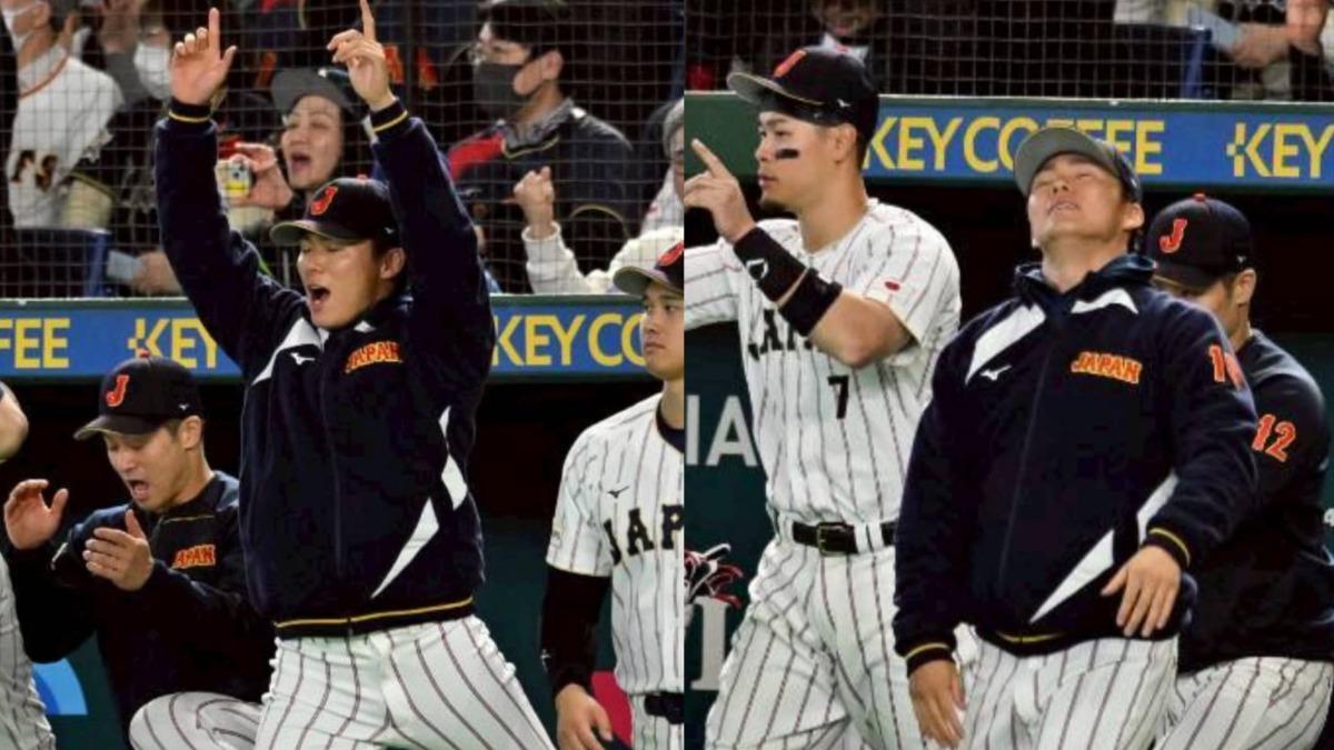 山本由伸在慶祝勝利時奮力躍起、卻正好閉上眼睛的瞬間崩壞照。(圖/翻攝大谷翔平Instagram)